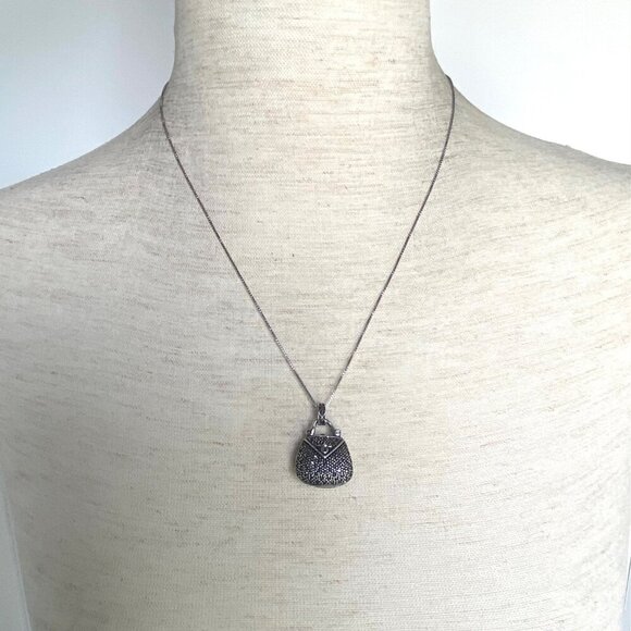 Sterling Silver 925 Hinged Marcasite Handbag Locket Purse Pendant Necklace 18" - Picture 2 of 16